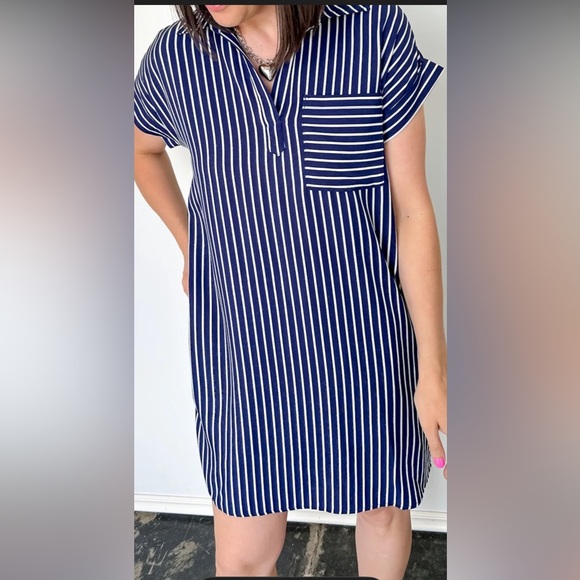 She + Sky Navy and White Striped Mini Dress- NWT - Picture 2 of 10